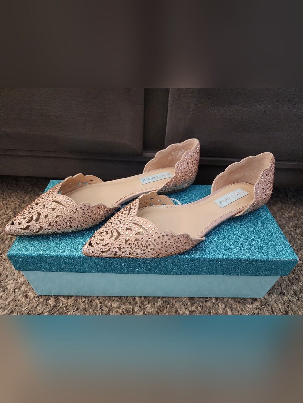 Betsey Johnson Blush Pink Laser-Cut Pointed D'Orsay Flats with Rhinestones